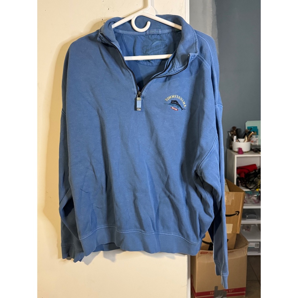 Tommy Bahama Relax Mens XL Blue Ribbed Cotton Quarter Zip Marlin Logo Pullover